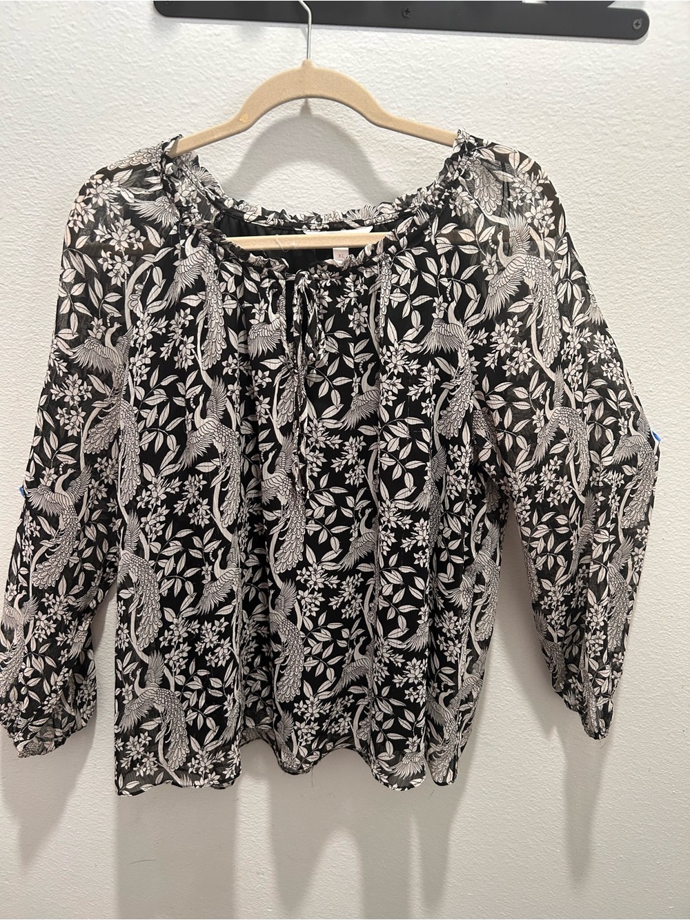 LC Lauren Conrad Black and White Botanical Print Peasant Top